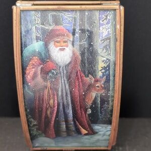 Vintage Santa Winter In Vermont Brass/Glass Lidded Trinket Box.